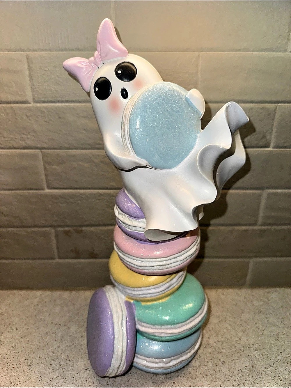 Halloween Ghost with Pink Bow a top Pastel Glitter Macaron Stack Figurine